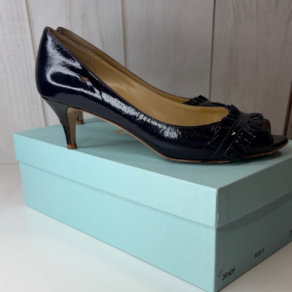 Butter Dandy Navy Blue Patent Leather Peep-Toe Heels Women’s 7 1/2 B - Picture 4 of 16
